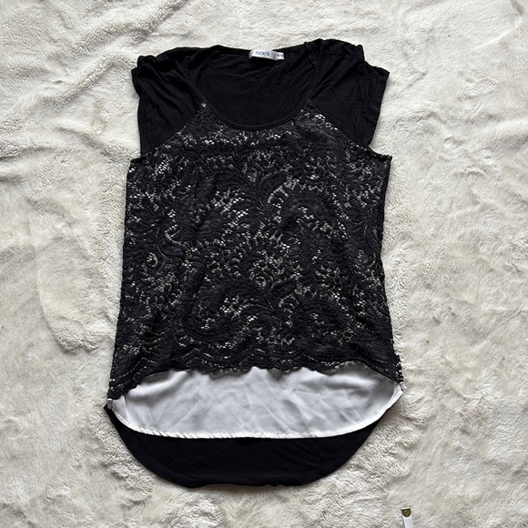 Ricki’s Black Lace Overlay Blouse | High-Low Layered Cap Sleeve Top Size XS - Picture 1 of 5